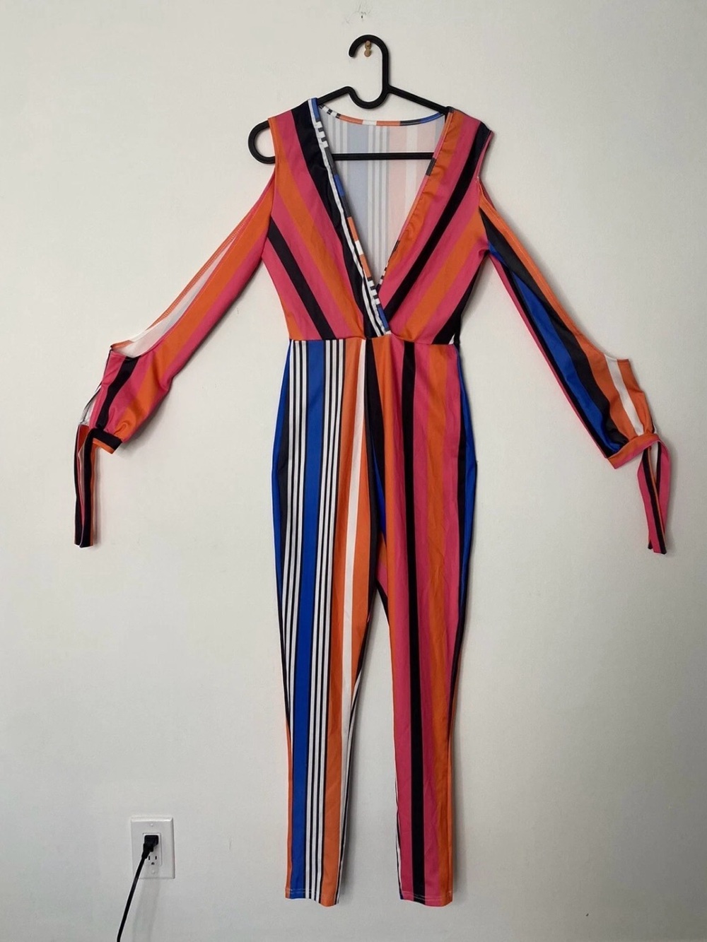 Vibrant Stripe Cold-Shoulder Jumpsuit in Pink & Orange